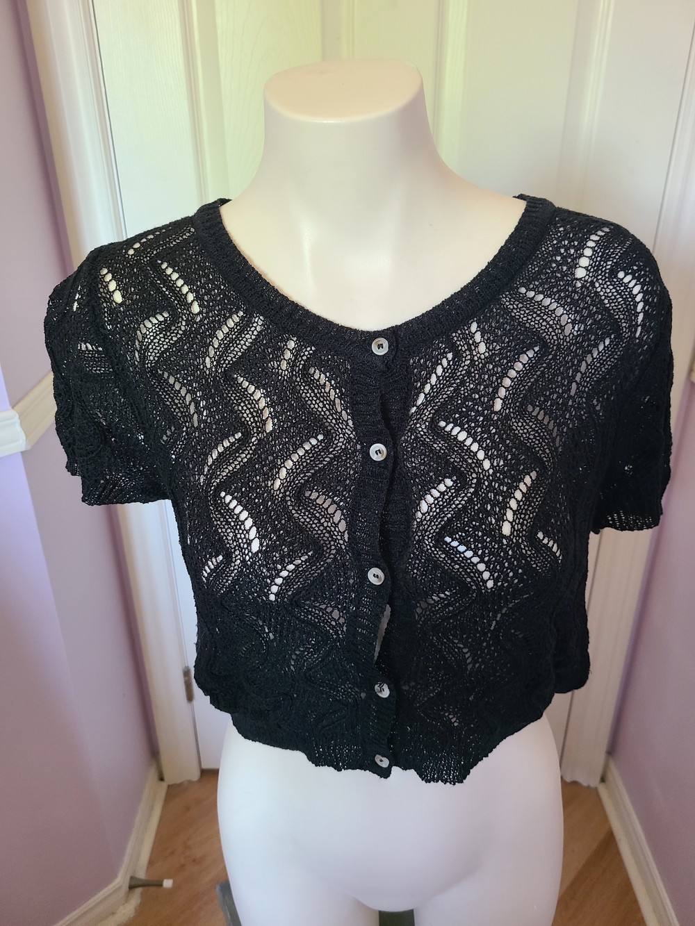 Atmosphere Black Openwork Knit Cropped Cardigan